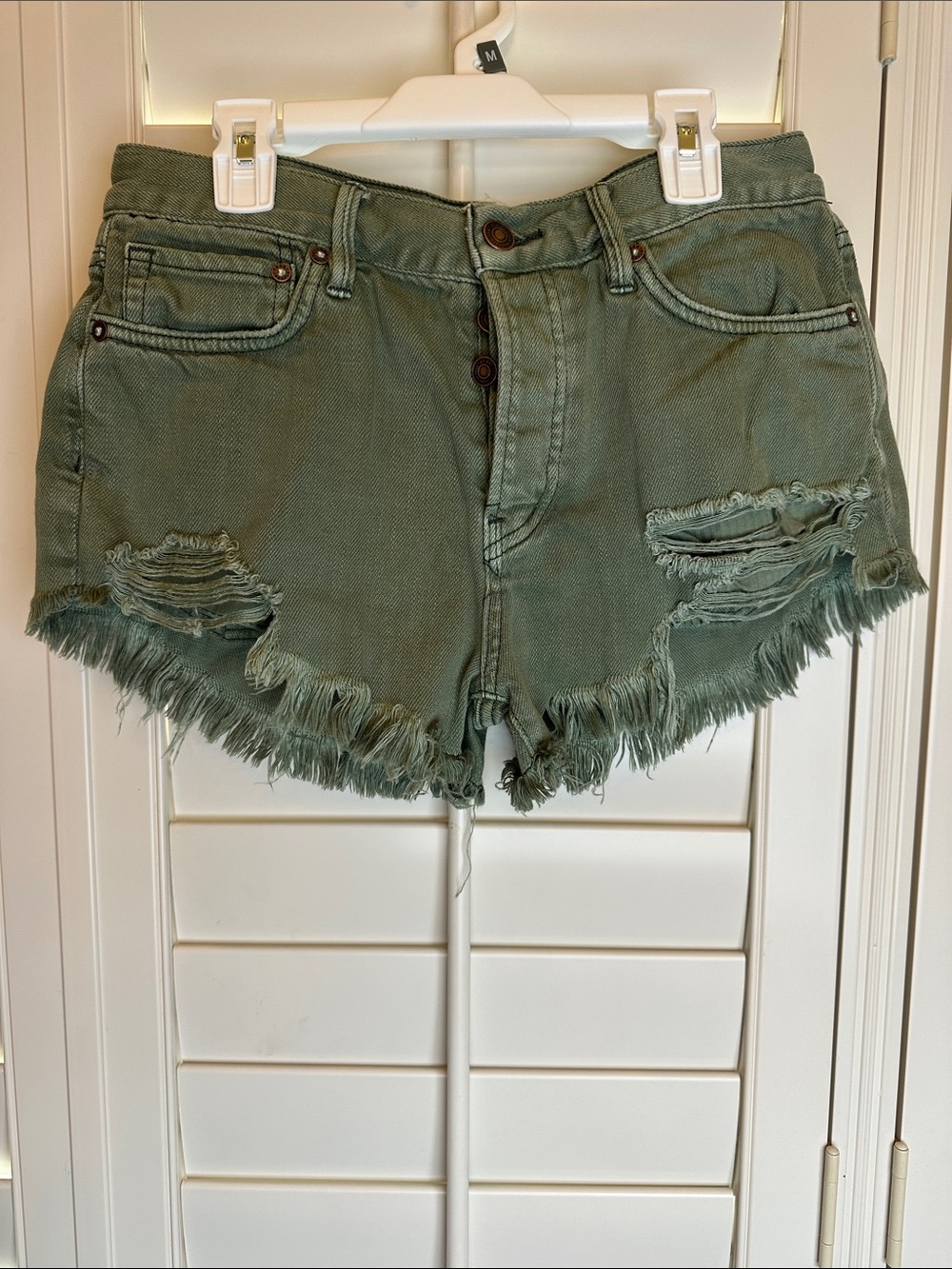 We The Free Olive Green Distressed Frayed Hem Jean Shorts